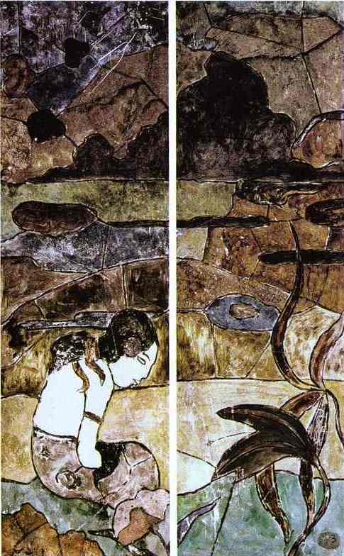 Tahitian Woman in a Landscape. <br>1893. Painting on glass. Oil on canvas. <br>Muse d'Orsay, Paris, France. 