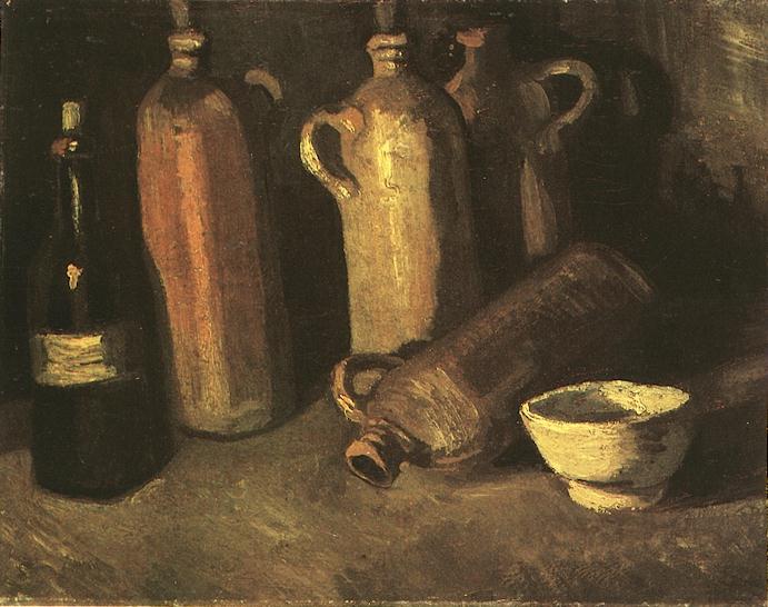 Still Life with Four Stone Bottles, Flask and White Cup