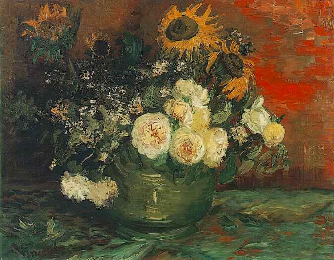 Bowl with Sunflowers, Roses and Other Flowers 